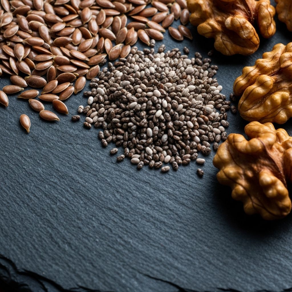 Макро снимка на ленено семе, чиа семена и орехи върху тъмна шистова повърхност, с детайли на индивидуалните текстури и естествените масла на семената