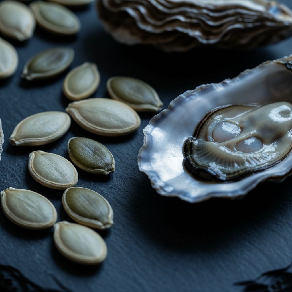 Стриди в черупки и тиквени семки на тъмна шистова повърхност с перлен блясък на черупките под странична светлина